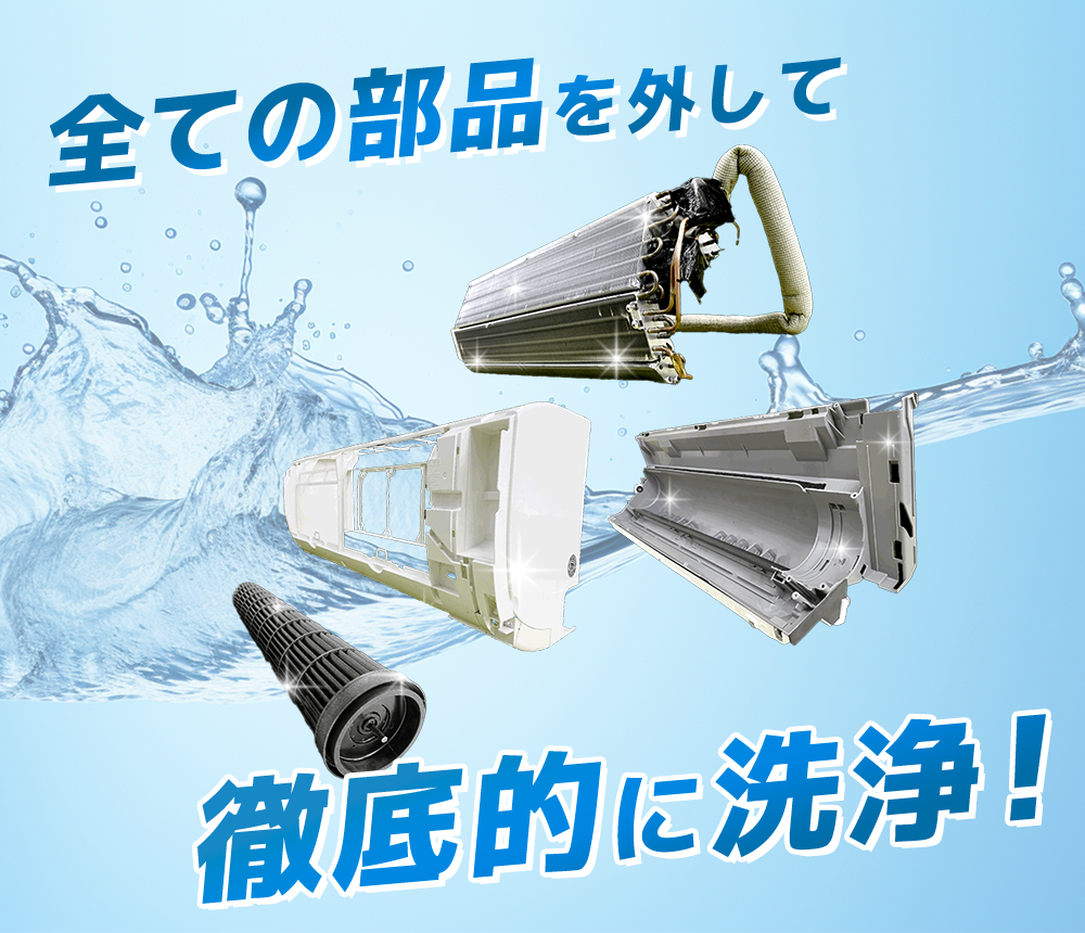 エアコン完全分解洗浄なら、すべての部品を外して徹底的に洗浄します！